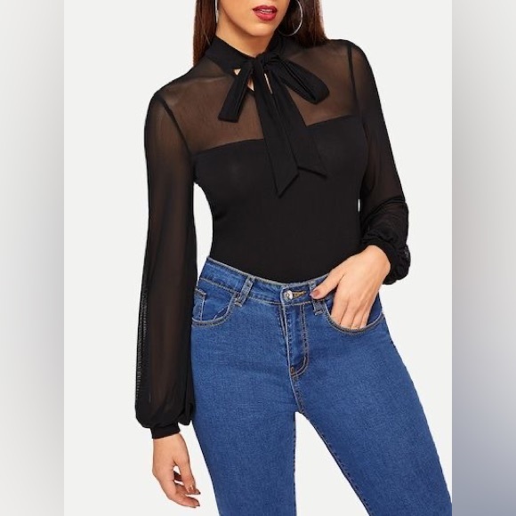 SHEIN Tie Neck Sheer Mesh Yoke Top - Picture 4 of 4